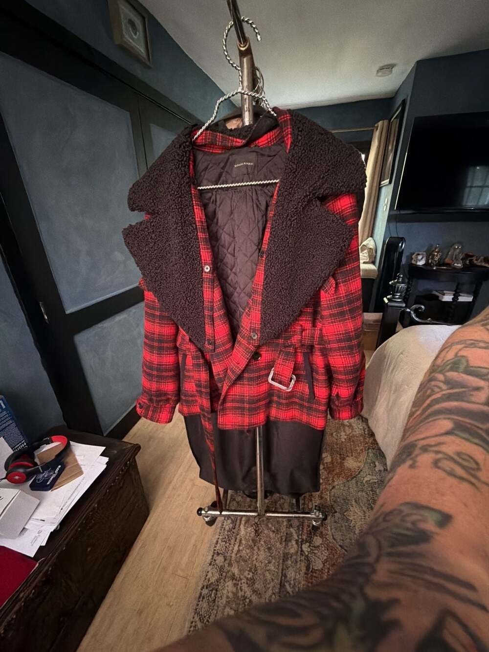 Banana Republic Heritage Amelia Belted Red Plaid Jacket w/Faux Fur Collar